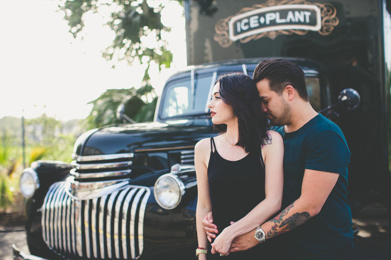 Couple Engagement Session St. Augustine Florida Ice Plant Hugging